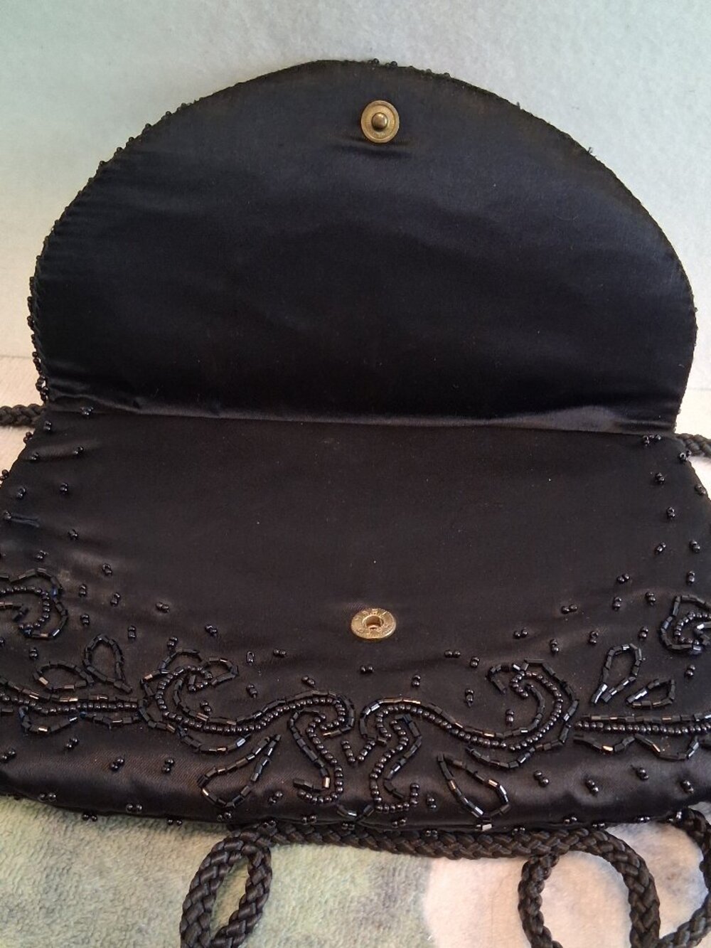 VTG Black Satin Beaded Evening Bag Convertible Crossbody Clutch Metallic Scroll - Picture 6 of 11